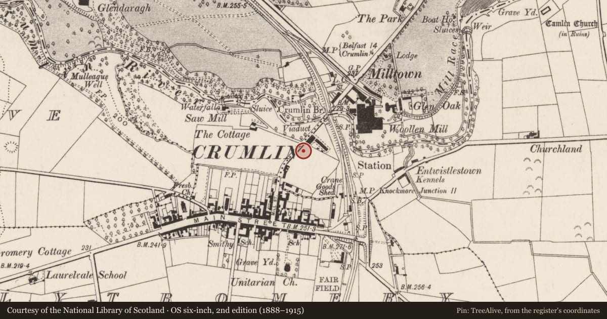 Ordnance Survey six-inch map, 2nd edition (1888–1915) covering the location of Former National Schools, Ballydonaghy, Antrim and Newtownabbey, with a pin at the register's coordinates