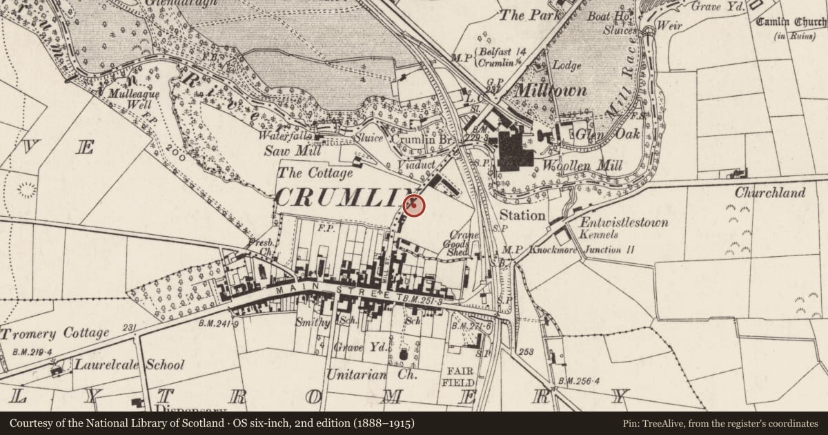 Ordnance Survey six-inch map, 2nd edition (1888–1915) covering the location of 25 Mill Road, Ballydonaghy, Antrim and Newtownabbey, with a pin at the register's coordinates
