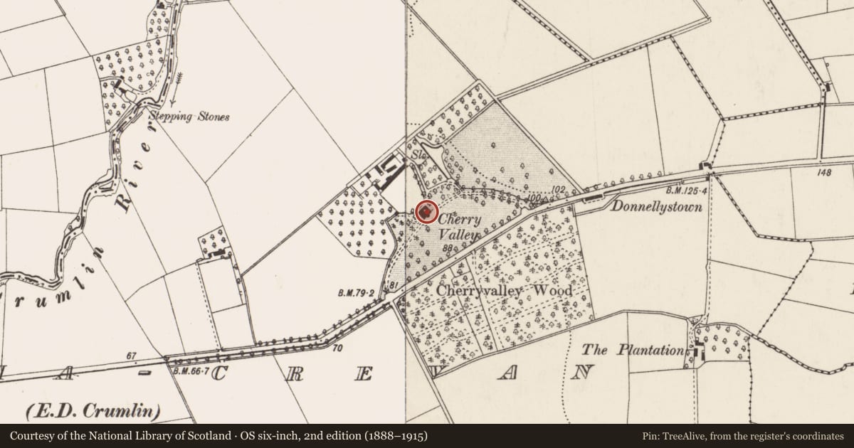 Ordnance Survey six-inch map, 2nd edition (1888–1915) covering the location of Cherry Valley, Ballyma-Crevan, Antrim and Newtownabbey, with a pin at the register's coordinates
