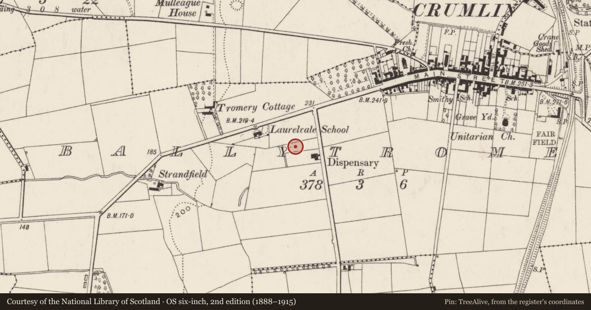 Ordnance Survey six-inch map, 2nd edition (1888–1915) covering the location of St Joseph's National School, Ballytromery, Antrim and Newtownabbey, with a pin at the register's coordinates