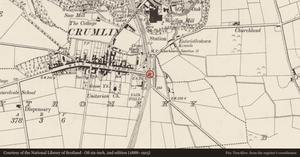 Ordnance Survey six-inch map, 2nd edition (1888–1915) covering the location of Bridge over railway, Ballytromery, Antrim and Newtownabbey, with a pin at the register's coordinates