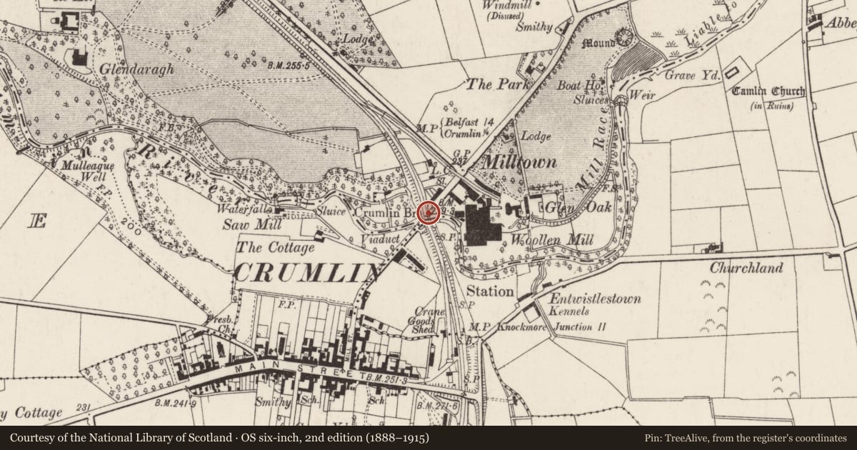 Ordnance Survey six-inch map, 2nd edition (1888–1915) covering the location of Railway viaduct, Ballydonaghy/Crosshill, Antrim and Newtownabbey, with a pin at the register's coordinates