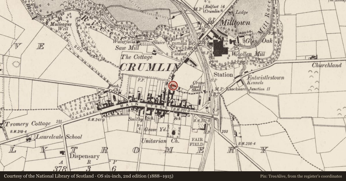 Ordnance Survey six-inch map, 2nd edition (1888–1915) covering the location of Evangelical Presbyterian Church, Ballydonaghy, Antrim and Newtownabbey, with a pin at the register's coordinates