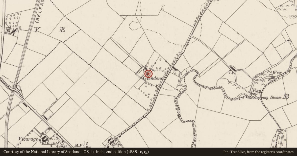 Ordnance Survey six-inch map, 2nd edition (1888–1915) covering the location of Glendona, Gobrana, Antrim and Newtownabbey, with a pin at the register's coordinates