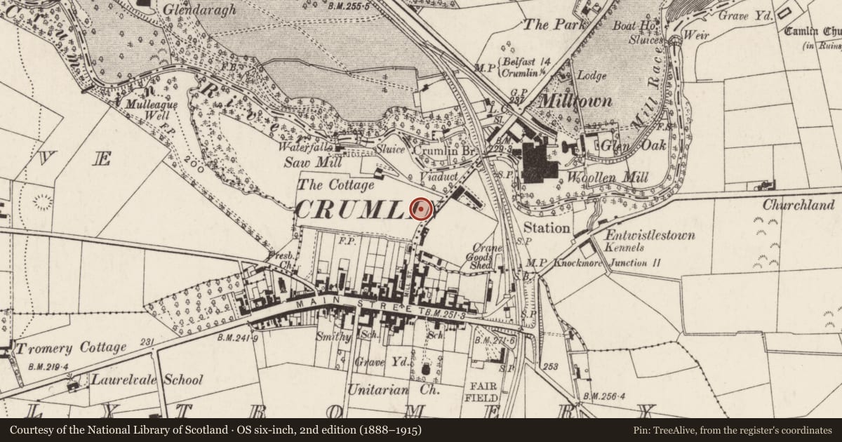 Ordnance Survey six-inch map, 2nd edition (1888–1915) covering the location of R.U.C. Station, Ballydonaghy, Antrim and Newtownabbey, with a pin at the register's coordinates