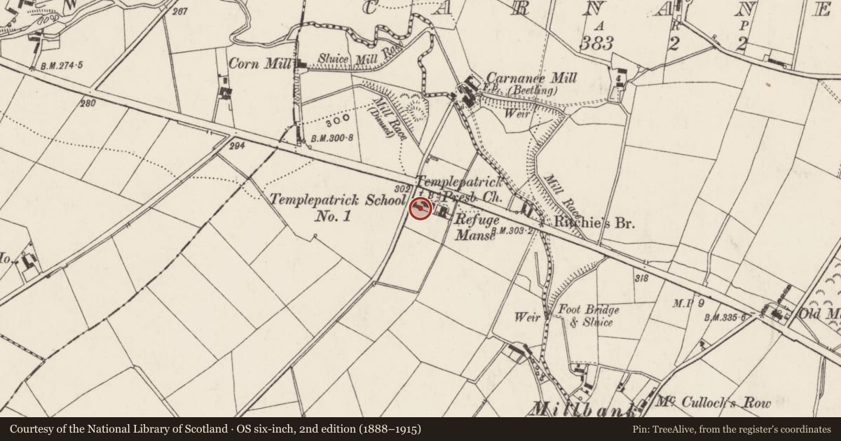 Ordnance Survey six-inch map, 2nd edition (1888–1915) covering the location of Templepatrick Presbyterian Church, Kilkgreel, Antrim and Newtownabbey, with a pin at the register's coordinates