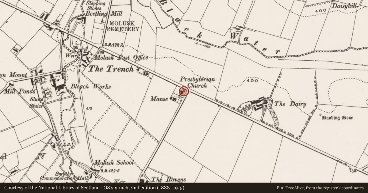 Ordnance Survey six-inch map, 2nd edition (1888–1915) covering the location of Hydepark Presbyterian Church Mallusk Road, Grange of Mallusk, Antrim and Newtownabbey, with a pin at the register's coordinates