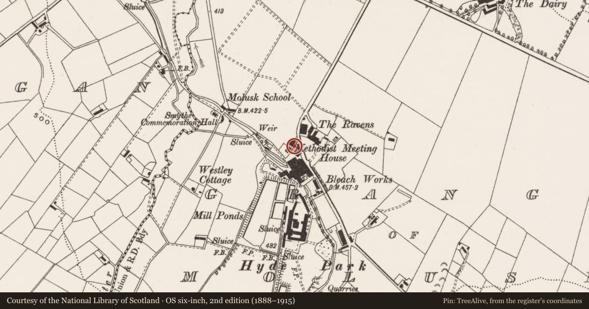 Ordnance Survey six-inch map, 2nd edition (1888–1915) covering the location of Hydepark Methodist Church, Grange of Mallusk, Antrim and Newtownabbey, with a pin at the register's coordinates