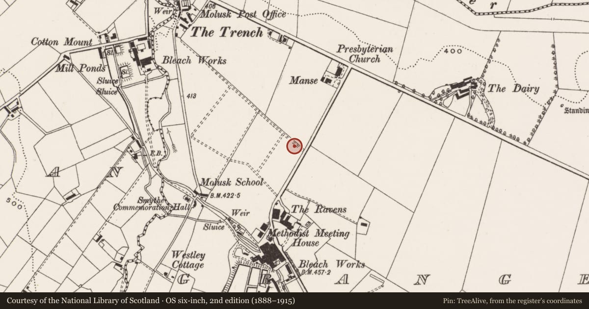 Ordnance Survey six-inch map, 2nd edition (1888–1915) covering the location of Denegarth, Grange of Mallusk, Antrim and Newtownabbey, with a pin at the register's coordinates