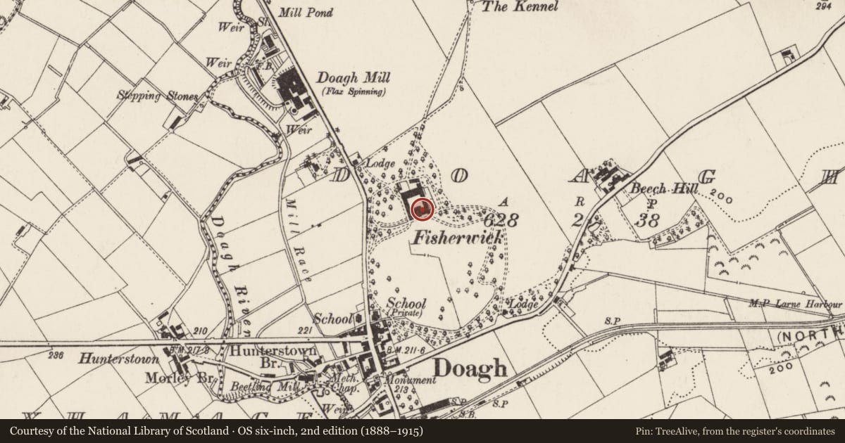 Ordnance Survey six-inch map, 2nd edition (1888–1915) covering the location of Fisherwick Lodge, Doagh, Antrim and Newtownabbey, with a pin at the register's coordinates