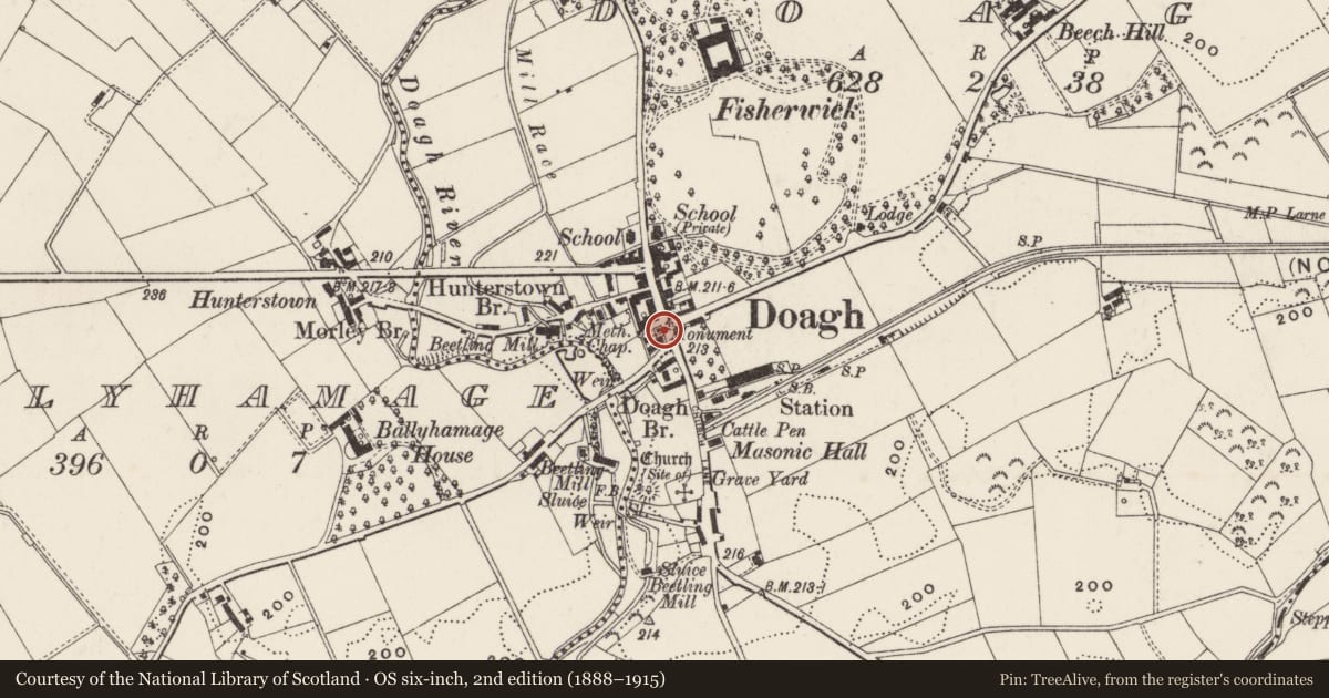 Ordnance Survey six-inch map, 2nd edition (1888–1915) covering the location of Rowan Memorial, Doagh, Antrim and Newtownabbey, with a pin at the register's coordinates