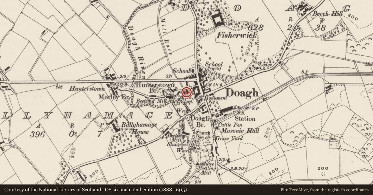 Ordnance Survey six-inch map, 2nd edition (1888–1915) covering the location of Methodist Church, Doagh, Antrim and Newtownabbey, with a pin at the register's coordinates