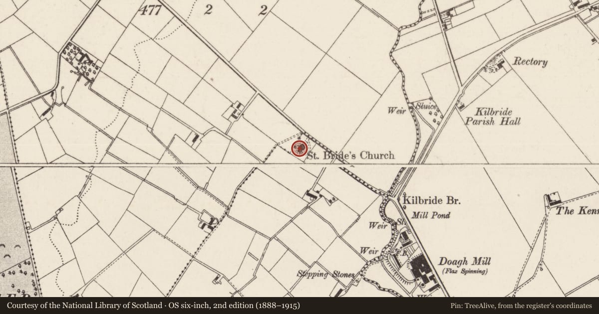 Ordnance Survey six-inch map, 2nd edition (1888–1915) covering the location of St. Bride's Church of Ireland Church, Ballyhamage, Antrim and Newtownabbey, with a pin at the register's coordinates