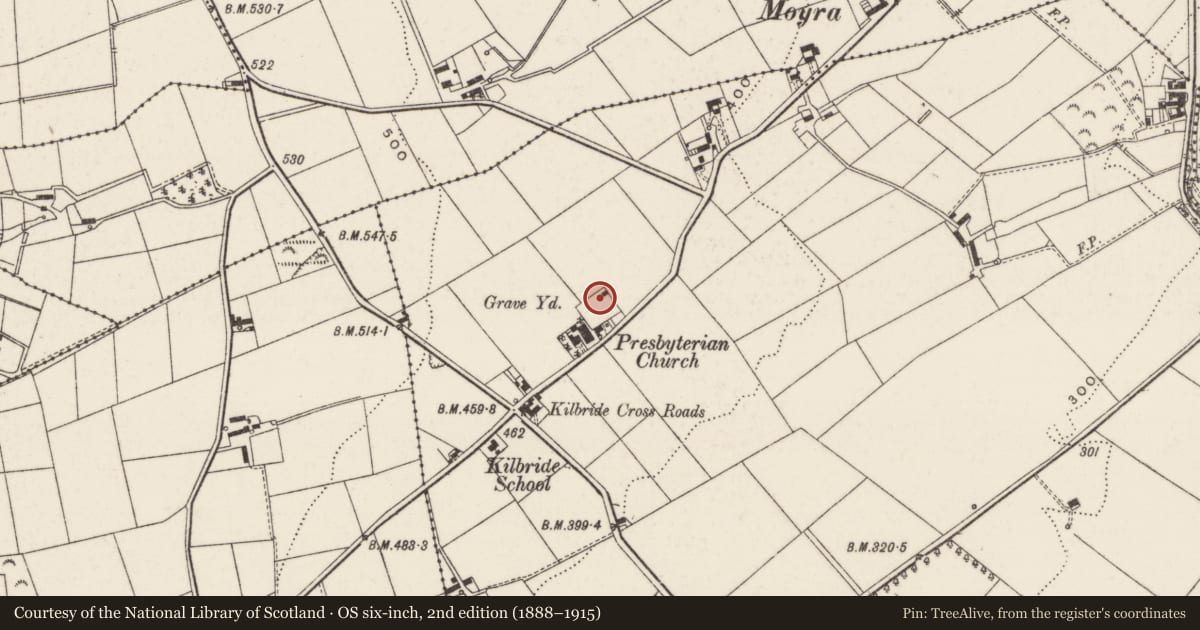 Ordnance Survey six-inch map, 2nd edition (1888–1915) covering the location of Stephenson Mausoleum, Kilbride, Antrim and Newtownabbey, with a pin at the register's coordinates
