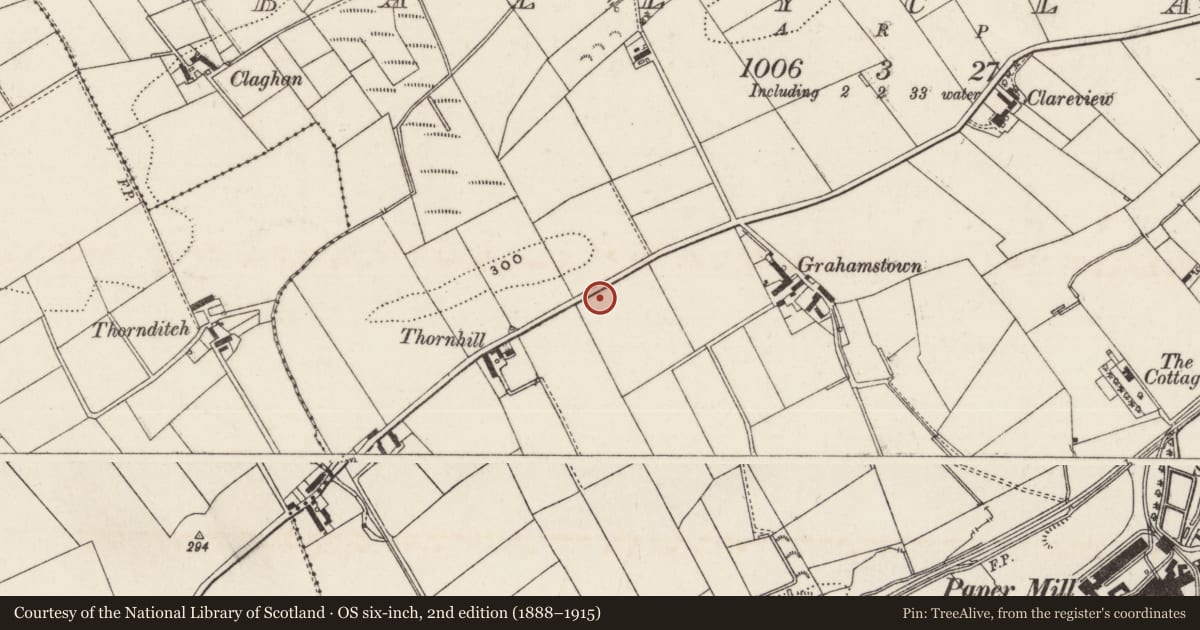 Ordnance Survey six-inch map, 2nd edition (1888–1915) covering the location of Ballyclare Cemetery Lodge, Antrim and Newtownabbey, with a pin at the register's coordinates