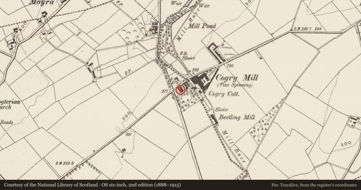 Ordnance Survey six-inch map, 2nd edition (1888–1915) covering the location of Invermuir, Kilbride, Antrim and Newtownabbey, with a pin at the register's coordinates
