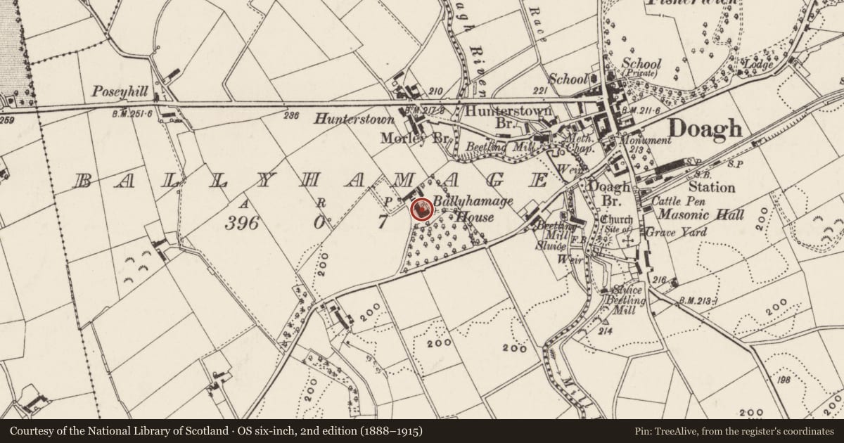 Ordnance Survey six-inch map, 2nd edition (1888–1915) covering the location of Ballyhamage House, Antrim and Newtownabbey, with a pin at the register's coordinates