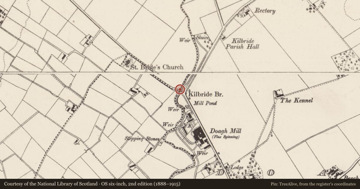 Ordnance Survey six-inch map, 2nd edition (1888–1915) covering the location of Kilbride Bridge, Kilbride/Doagh, Antrim and Newtownabbey, with a pin at the register's coordinates