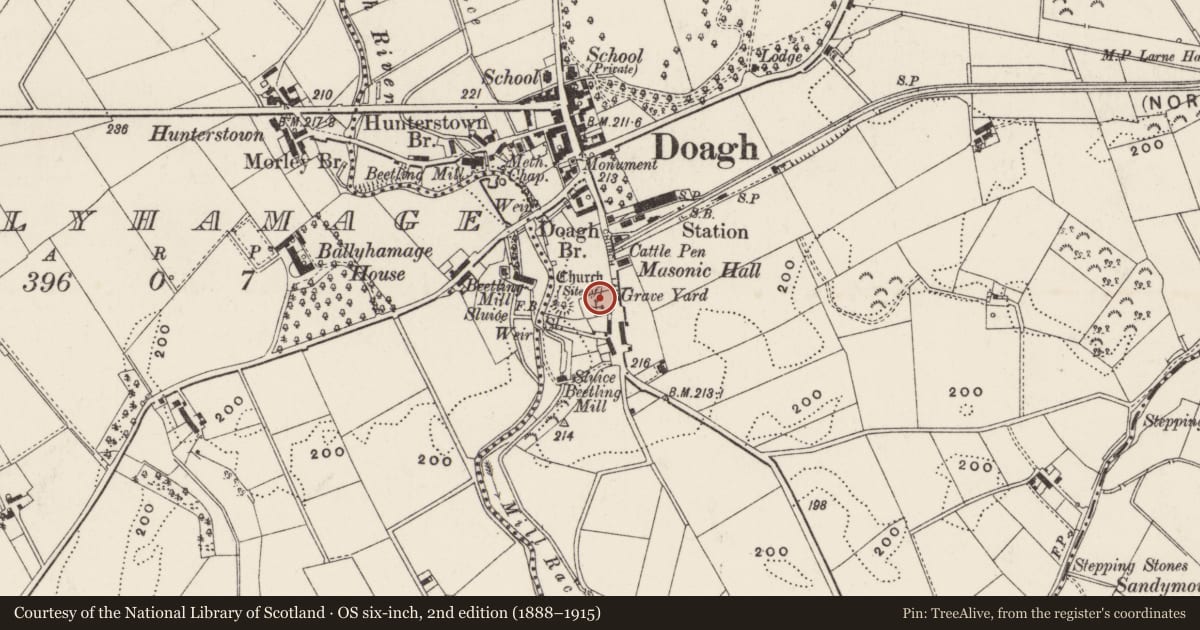 Ordnance Survey six-inch map, 2nd edition (1888–1915) covering the location of Doagh Graveyard, Antrim and Newtownabbey, with a pin at the register's coordinates