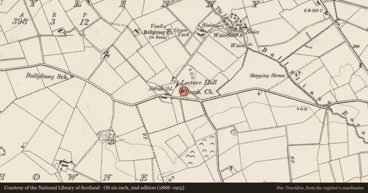 Ordnance Survey six-inch map, 2nd edition (1888–1915) covering the location of Ballylinney Presbyterian Church, Ballylinny, Antrim and Newtownabbey, with a pin at the register's coordinates