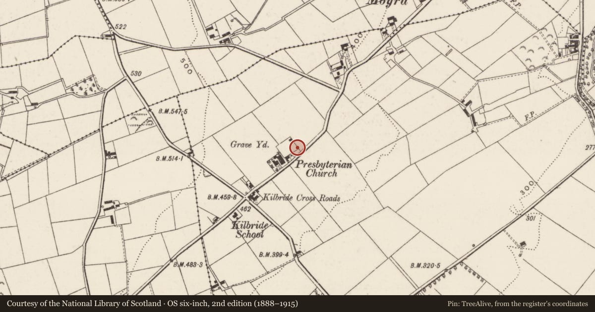 Ordnance Survey six-inch map, 2nd edition (1888–1915) covering the location of Wilson Memorial, Kilbride, Antrim and Newtownabbey, with a pin at the register's coordinates
