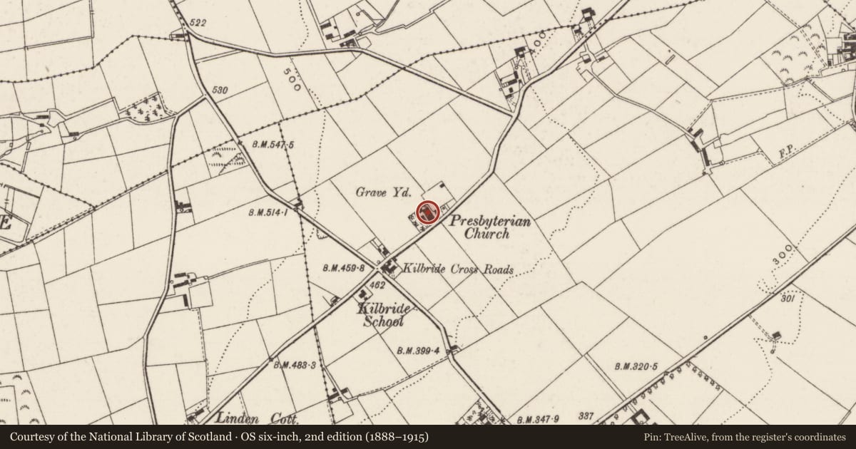 Ordnance Survey six-inch map, 2nd edition (1888–1915) covering the location of Kilbride Presbyterian Church, Moyra Road, Doagh, Co Antrim, BT39 0JD, Antrim and Newtownabbey, with a pin at the register's coordinates