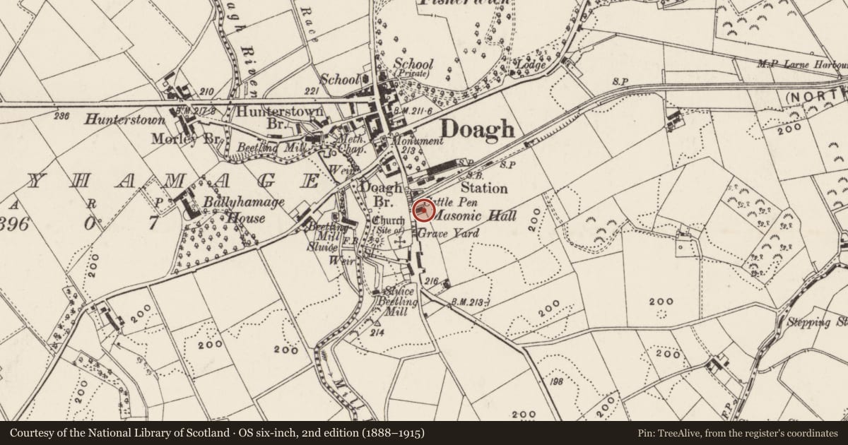 Ordnance Survey six-inch map, 2nd edition (1888–1915) covering the location of Doagh Masonic Hall, Antrim and Newtownabbey, with a pin at the register's coordinates
