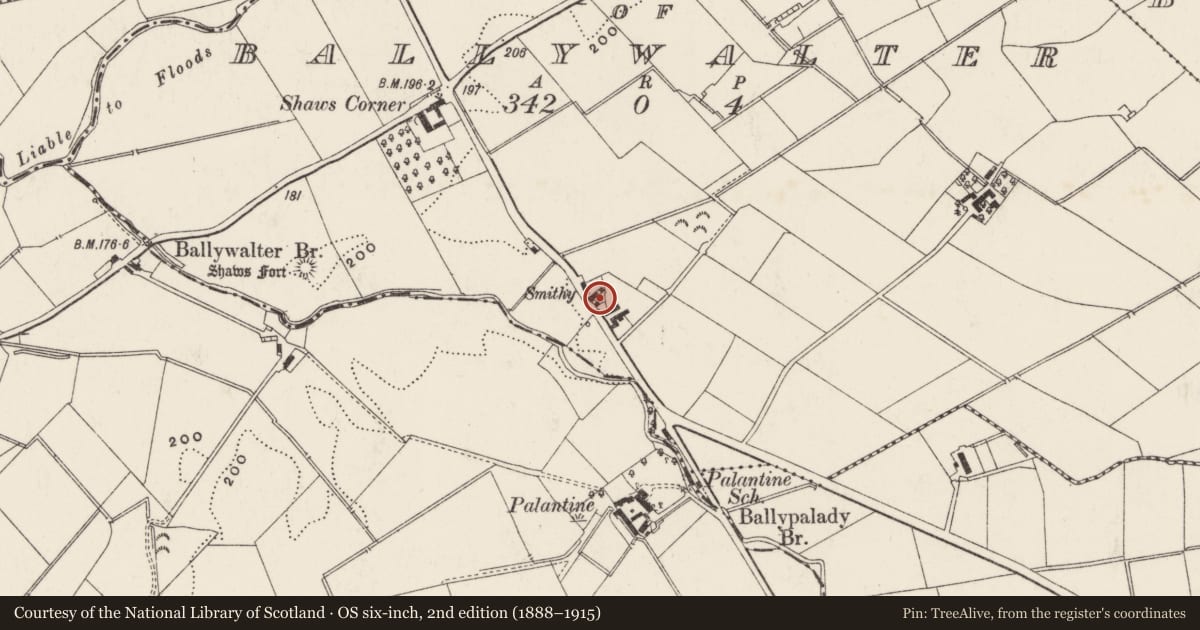 Ordnance Survey six-inch map, 2nd edition (1888–1915) covering the location of 69 The Longshot, Grange of Ballywalter, Antrim and Newtownabbey, with a pin at the register's coordinates