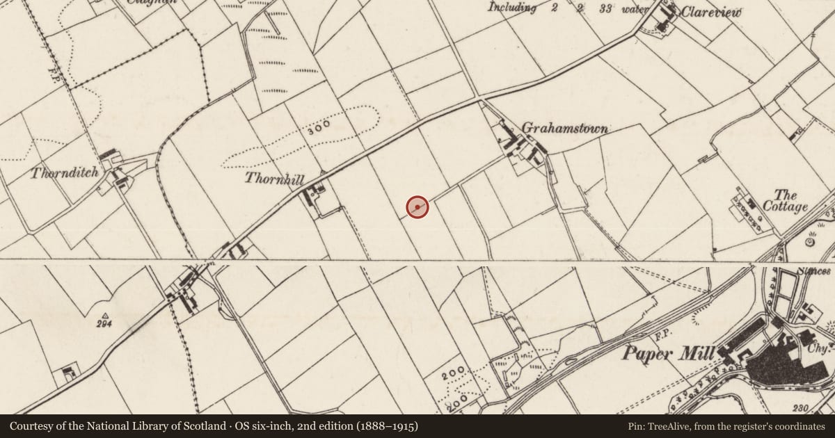 Ordnance Survey six-inch map, 2nd edition (1888–1915) covering the location of Ballyclare Cemetery, Antrim and Newtownabbey, with a pin at the register's coordinates