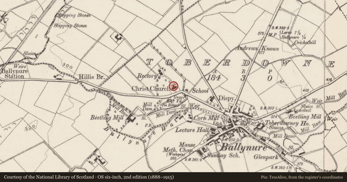 Ordnance Survey six-inch map, 2nd edition (1888–1915) covering the location of Christ Church, Toberdowney, Antrim and Newtownabbey, with a pin at the register's coordinates