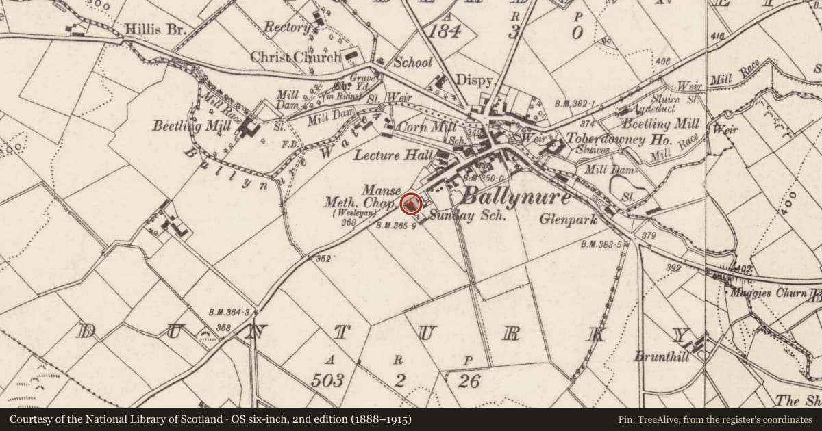 Ordnance Survey six-inch map, 2nd edition (1888–1915) covering the location of Ballynure Methodist Church, Dunturky, Antrim and Newtownabbey, with a pin at the register's coordinates