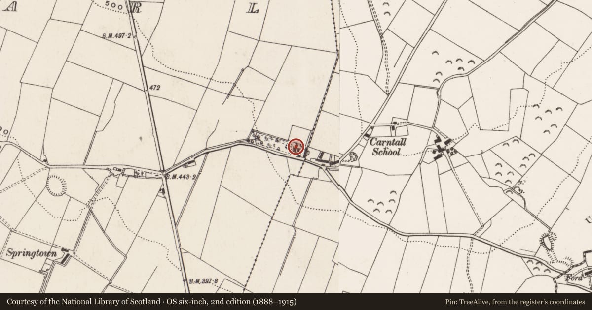 Ordnance Survey six-inch map, 2nd edition (1888–1915) covering the location of Carntall, Antrim and Newtownabbey, with a pin at the register's coordinates