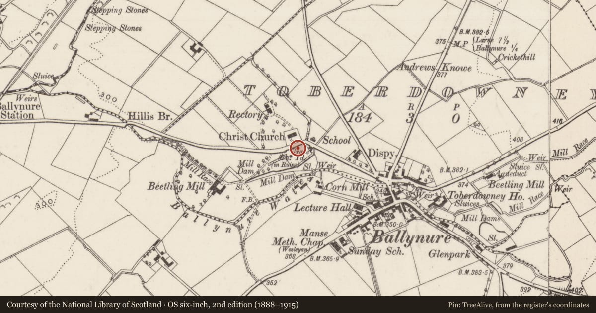 Ordnance Survey six-inch map, 2nd edition (1888–1915) covering the location of Old Church Graveyard, Toberdowney, Antrim and Newtownabbey, with a pin at the register's coordinates