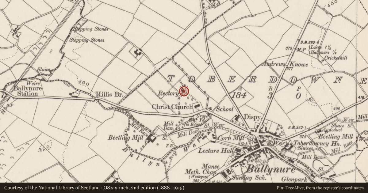 Ordnance Survey six-inch map, 2nd edition (1888–1915) covering the location of The Rectory, Antrim and Newtownabbey, with a pin at the register's coordinates