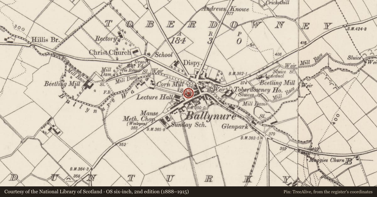 Ordnance Survey six-inch map, 2nd edition (1888–1915) covering the location of Ballynure Presbyterian Church, Dunturky, Antrim and Newtownabbey, with a pin at the register's coordinates
