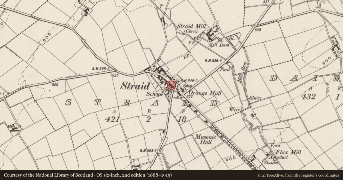 Ordnance Survey six-inch map, 2nd edition (1888–1915) covering the location of Straid Congregational Church, Antrim and Newtownabbey, with a pin at the register's coordinates