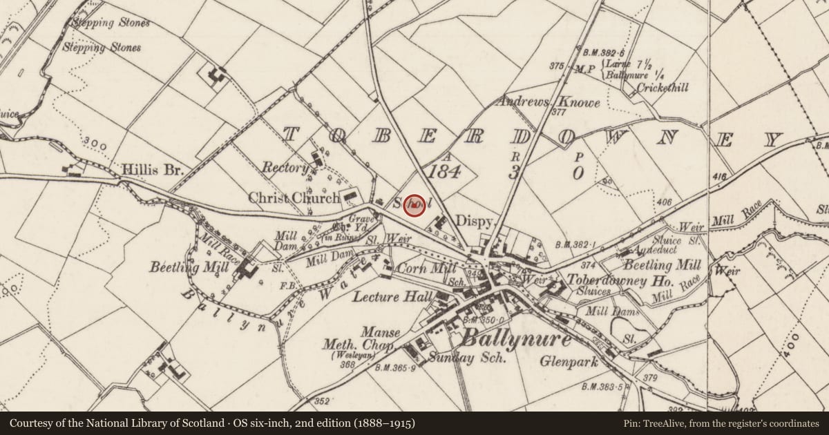 Ordnance Survey six-inch map, 2nd edition (1888–1915) covering the location of Ballynure Primary School, Toberdowney, Antrim and Newtownabbey, with a pin at the register's coordinates