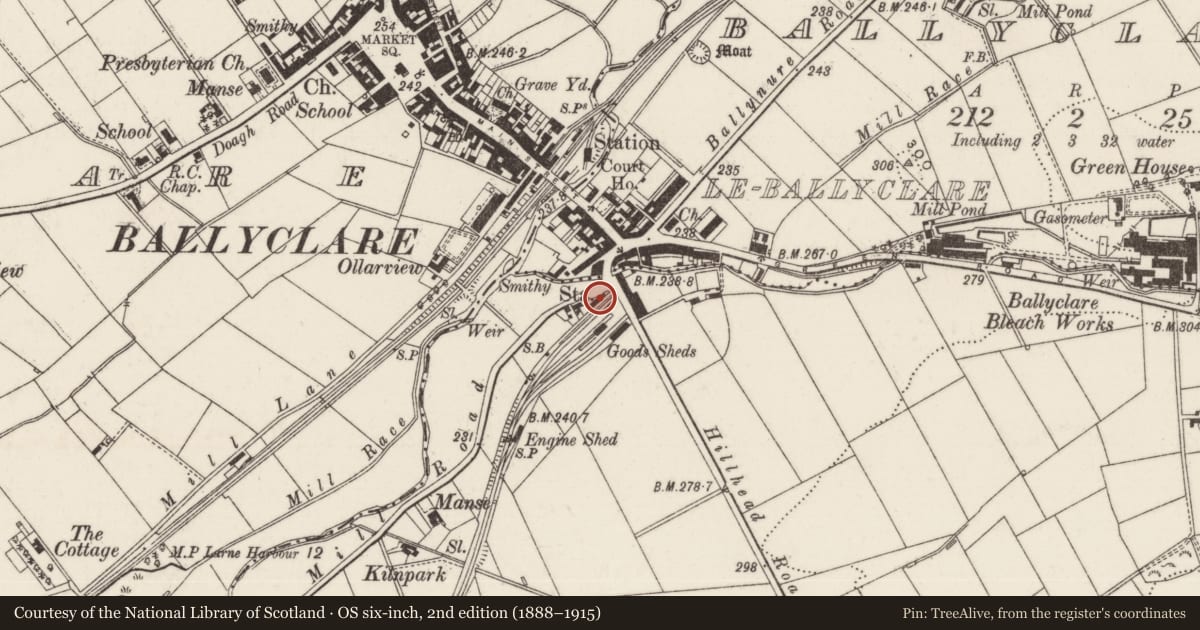 Ordnance Survey six-inch map, 2nd edition (1888–1915) covering the location of Ballyclare Railway Station, Antrim and Newtownabbey, with a pin at the register's coordinates