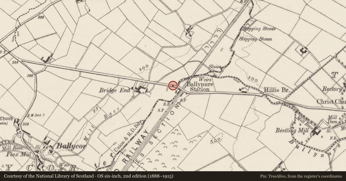 Ordnance Survey six-inch map, 2nd edition (1888–1915) covering the location of Sixmilewater Bridge, Ballycor/Ballynure, Antrim and Newtownabbey, with a pin at the register's coordinates