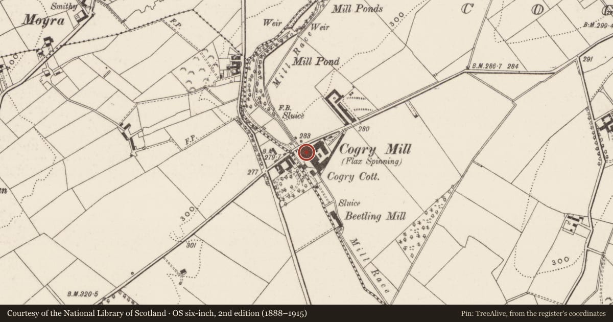Ordnance Survey six-inch map, 2nd edition (1888–1915) covering the location of Cogry Mill, Coggrey, Antrim and Newtownabbey, with a pin at the register's coordinates