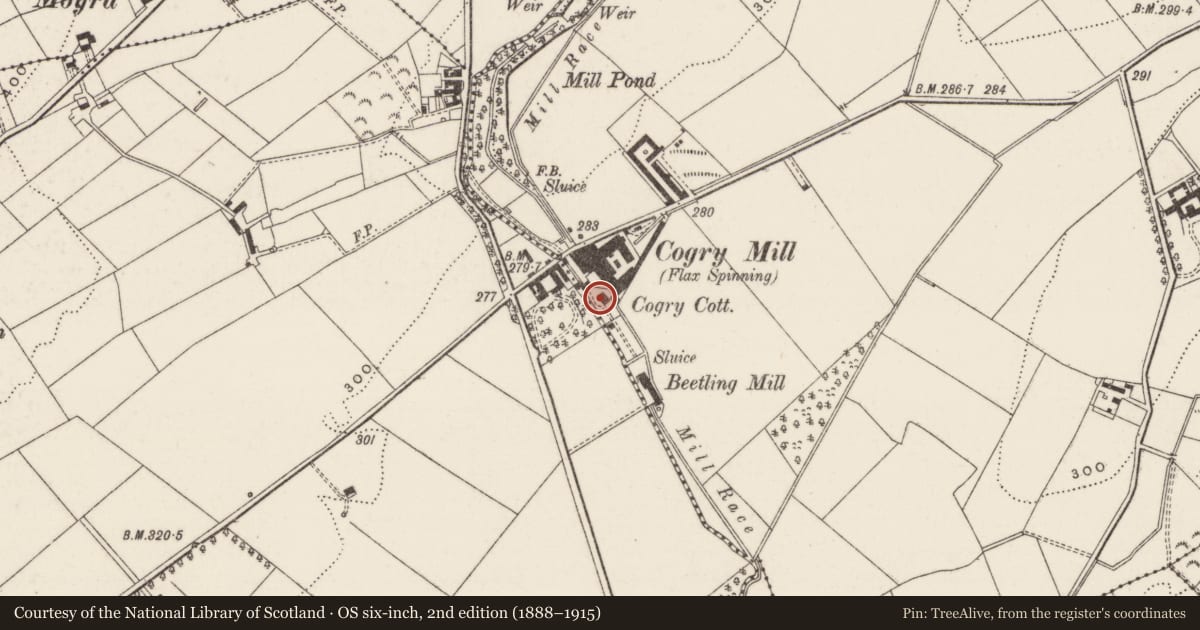 Ordnance Survey six-inch map, 2nd edition (1888–1915) covering the location of Cogry Cottage, Coggrey, Antrim and Newtownabbey, with a pin at the register's coordinates