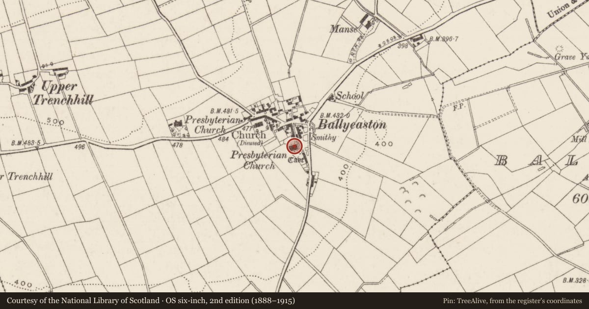 Ordnance Survey six-inch map, 2nd edition (1888–1915) covering the location of Presbyterian Church, Antrim and Newtownabbey, with a pin at the register's coordinates