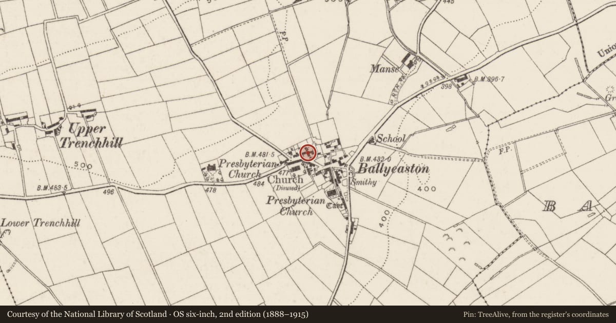 Ordnance Survey six-inch map, 2nd edition (1888–1915) covering the location of 7 Ballyeaston Village, Antrim and Newtownabbey, with a pin at the register's coordinates
