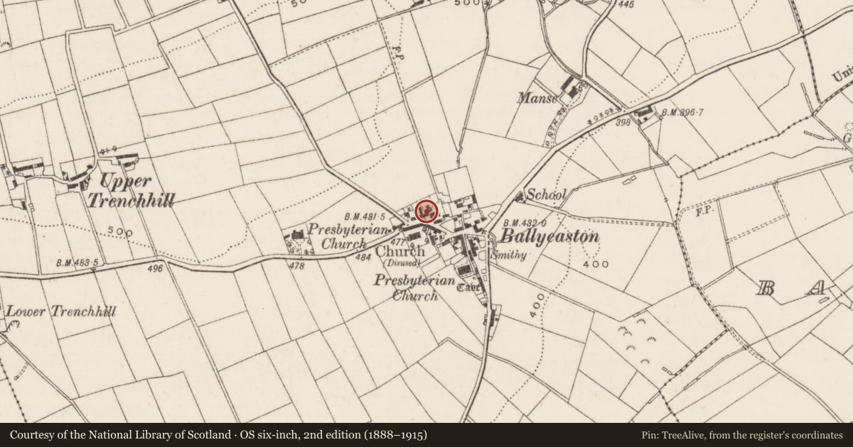 Ordnance Survey six-inch map, 2nd edition (1888–1915) covering the location of 9 Ballyeaston Village, Antrim and Newtownabbey, with a pin at the register's coordinates