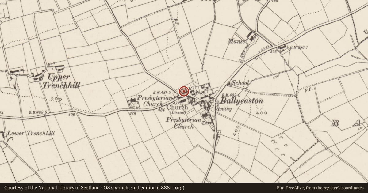 Ordnance Survey six-inch map, 2nd edition (1888–1915) covering the location of 11 Ballyeaston Village, Antrim and Newtownabbey, with a pin at the register's coordinates