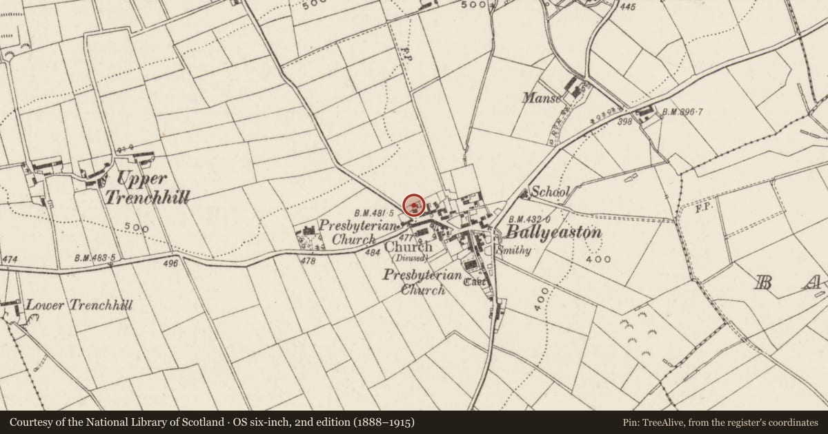 Ordnance Survey six-inch map, 2nd edition (1888–1915) covering the location of 13 Ballyeaston Village, Antrim and Newtownabbey, with a pin at the register's coordinates