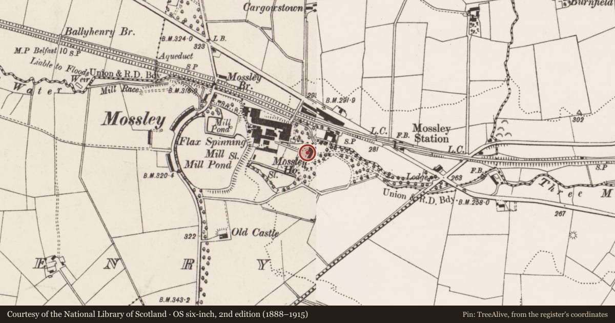 Ordnance Survey six-inch map, 2nd edition (1888–1915) covering the location of Mossley House, Antrim and Newtownabbey, with a pin at the register's coordinates