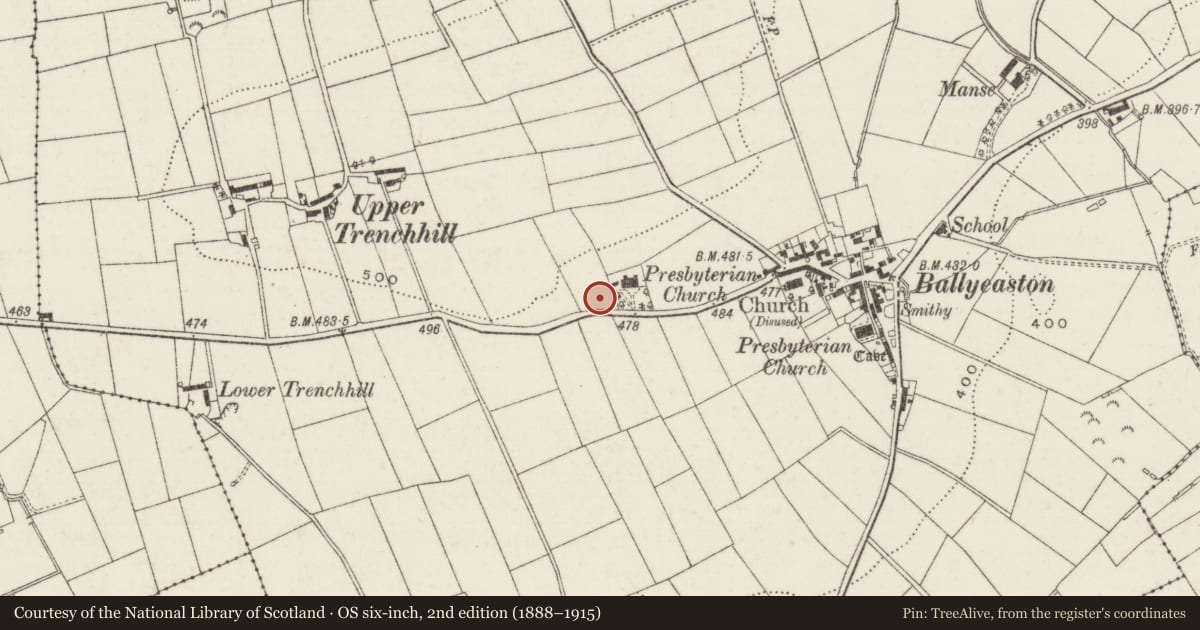 Ordnance Survey six-inch map, 2nd edition (1888–1915) covering the location of Basher’s House, Antrim and Newtownabbey, with a pin at the register's coordinates