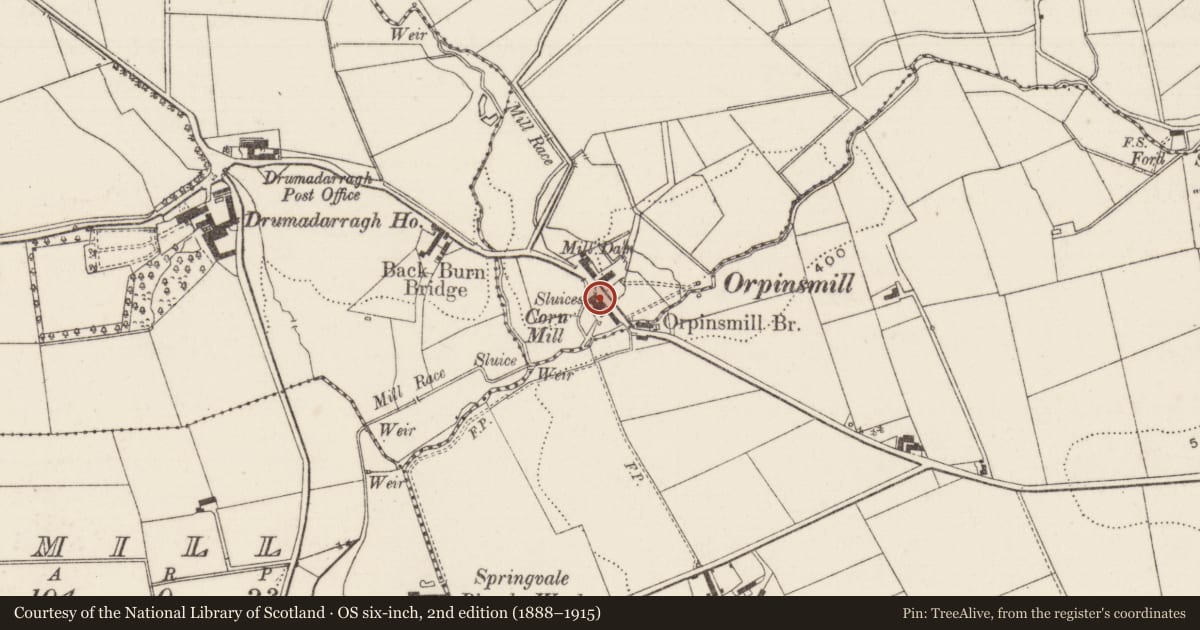 Ordnance Survey six-inch map, 2nd edition (1888–1915) covering the location of Orpin's Mill, Dunamoy, Antrim and Newtownabbey, with a pin at the register's coordinates
