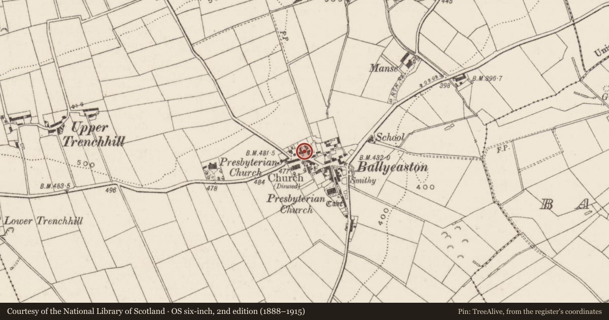 Ordnance Survey six-inch map, 2nd edition (1888–1915) covering the location of Pump No. 1, Ballyeaston, Antrim and Newtownabbey, with a pin at the register's coordinates